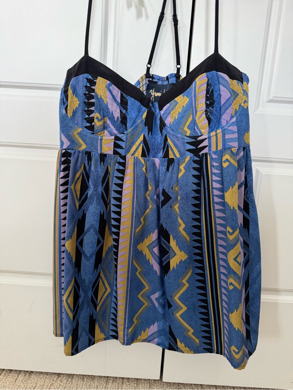 Yumi Kim Blue Patterned Spaghetti-Strap Mini Dress with Gold & Pink Accents